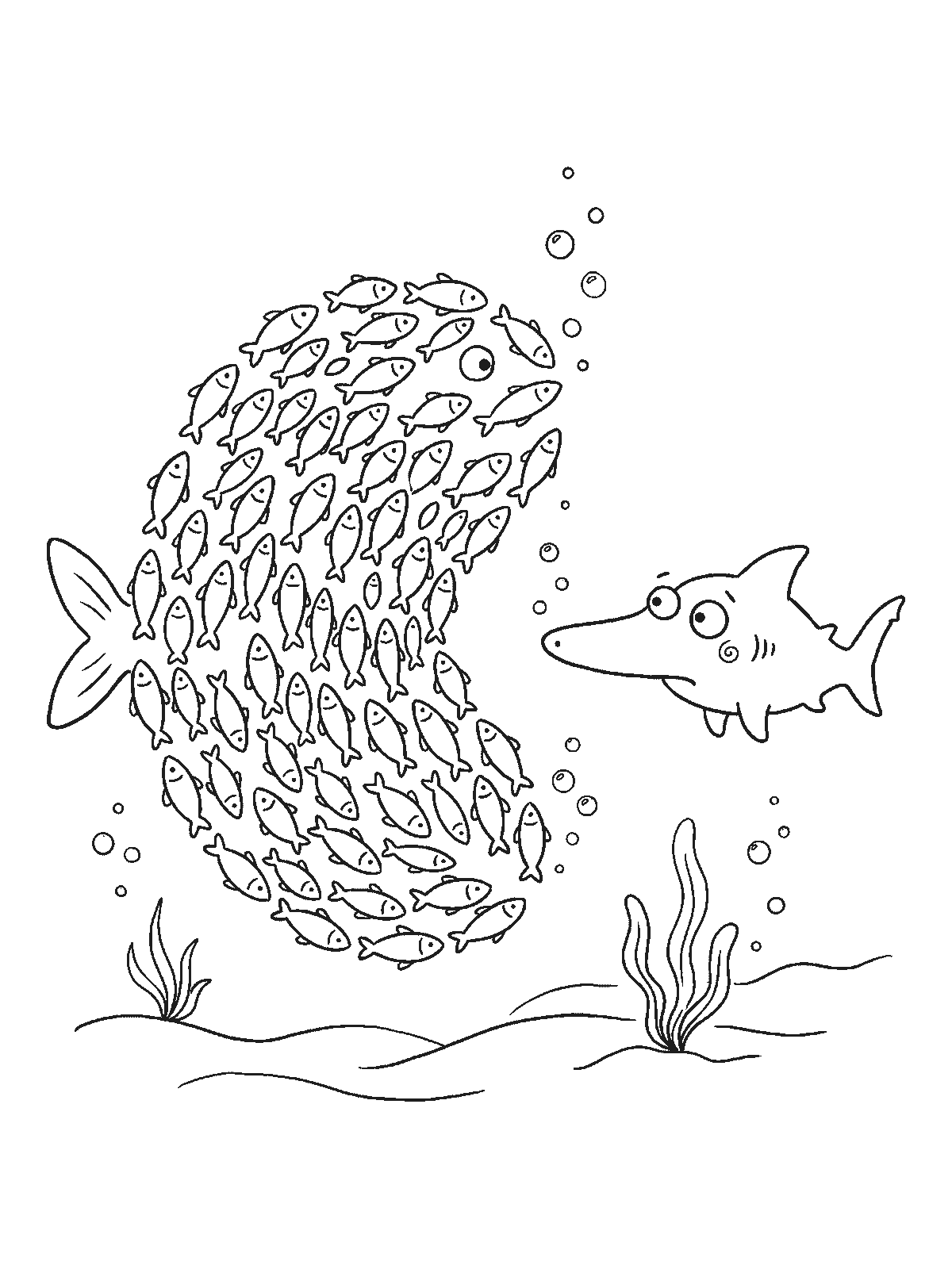Coloring page: many small fish swimming together in the shape of one big fish while a small shark looks at them in confusion
