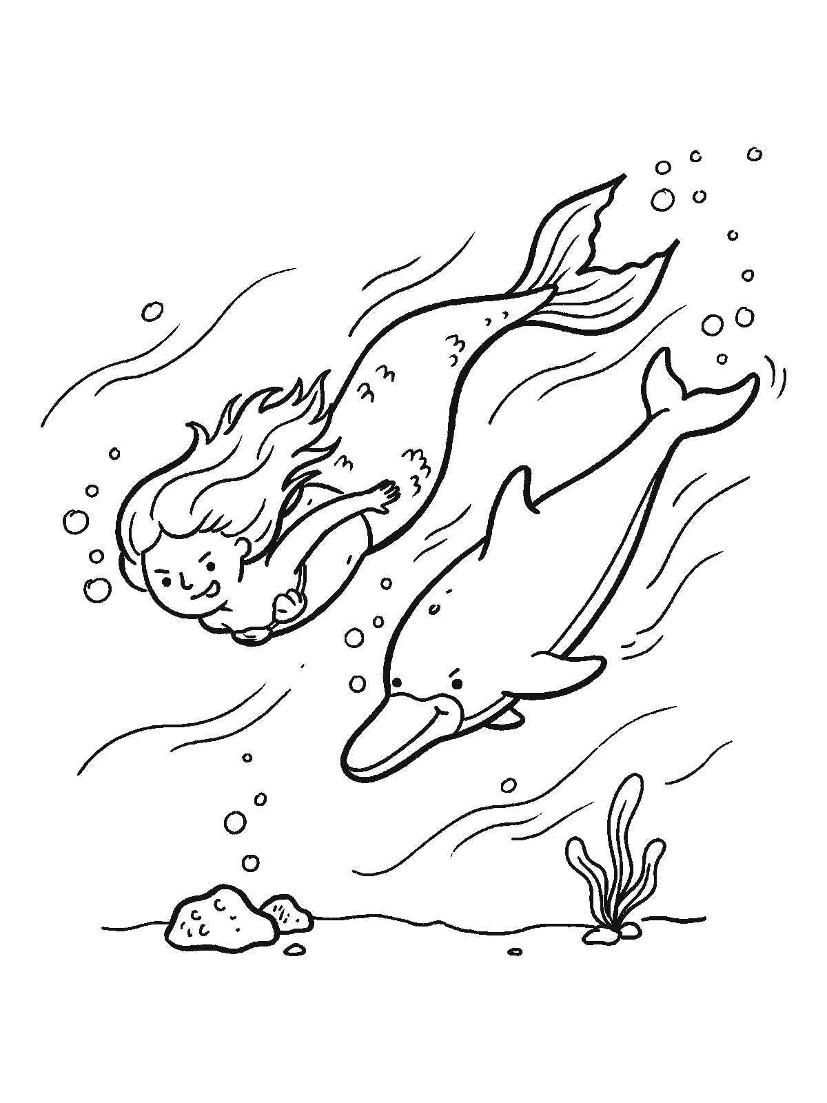 Coloring page: a mermaid and a dolphin racing side by side through the water with bubbles trailing behind them