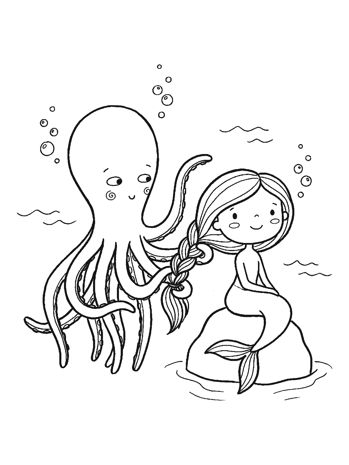 Coloring page: an octopus braiding the long hair of a smiling mermaid sitting on a rock, using several arms at once, bubbles around them