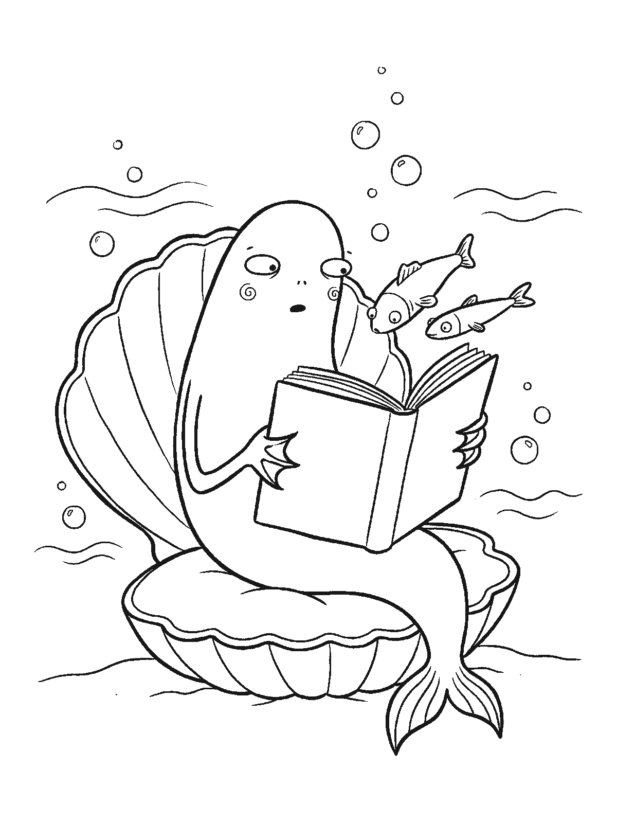 Coloring page: a mermaid sitting in a big open scallop shell like an armchair reading a book while two small fish look at the pages