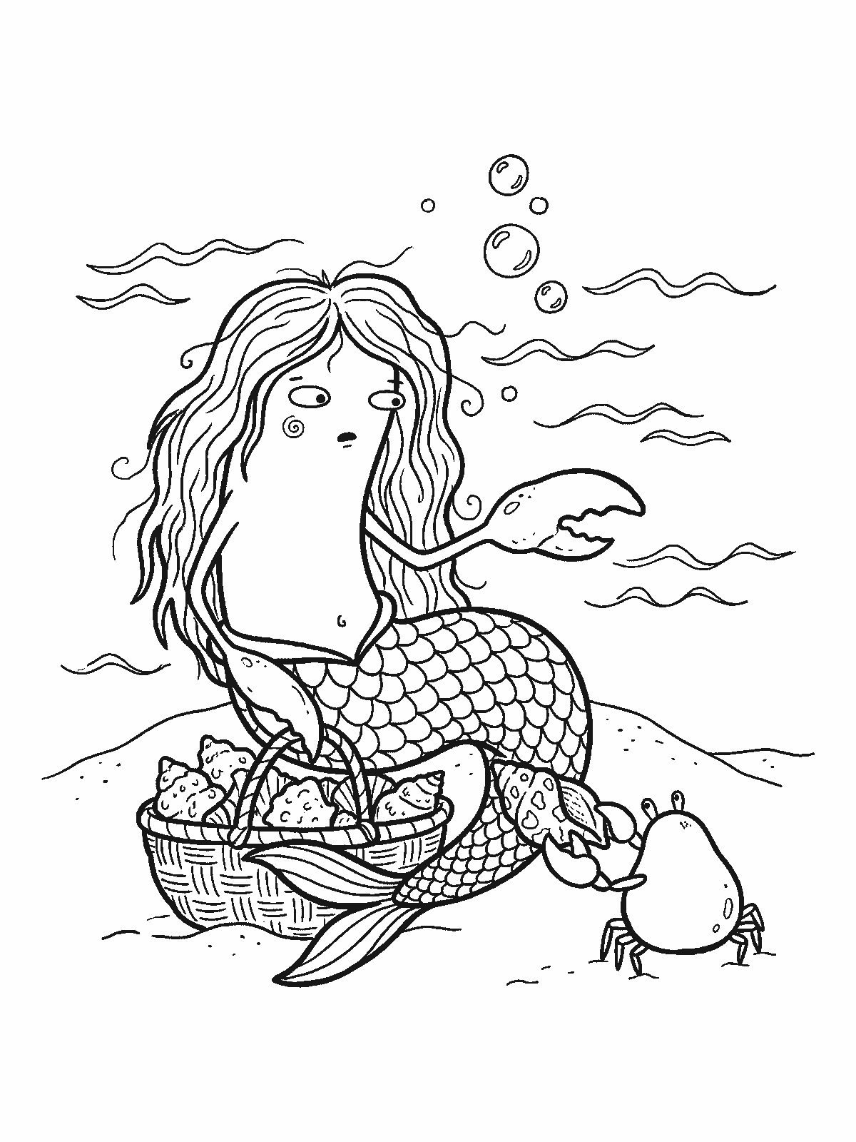 Coloring page: a mermaid sitting on the sand filling a basket with seashells while a small crab holds out one more shell with its claw