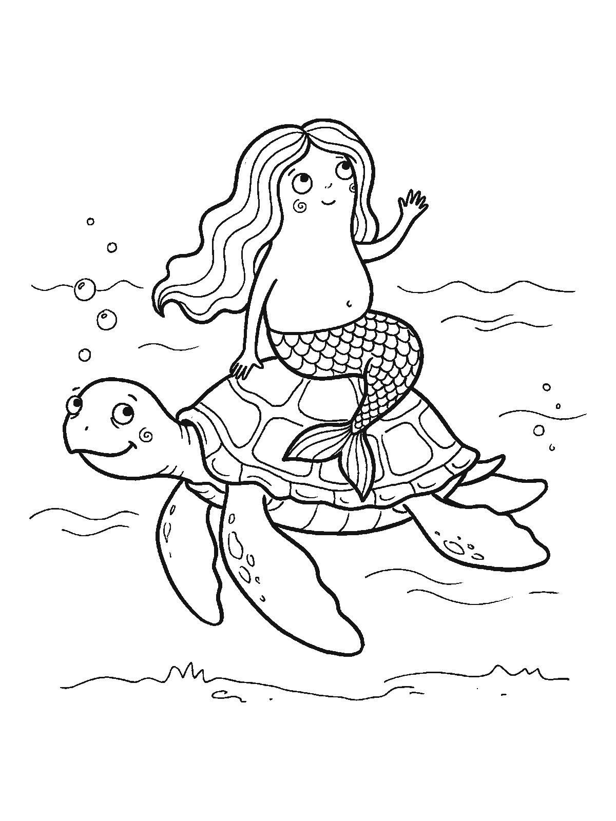 Coloring page: a mermaid with long wavy hair sitting on the shell of a big smiling sea turtle as it swims, waving one hand