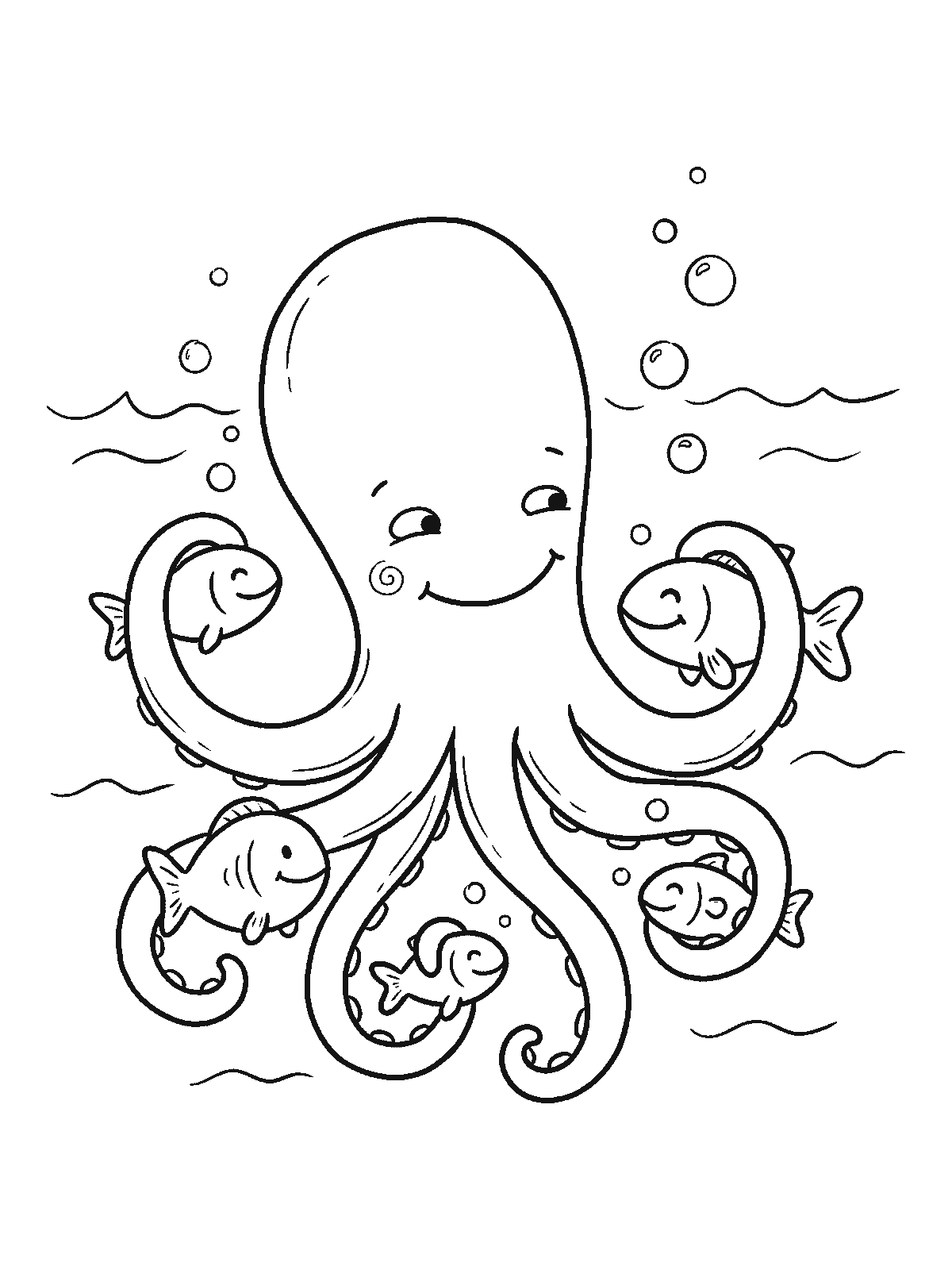 Coloring page: a happy octopus hugging four small fish at once, one in each of four arms, everyone smiling