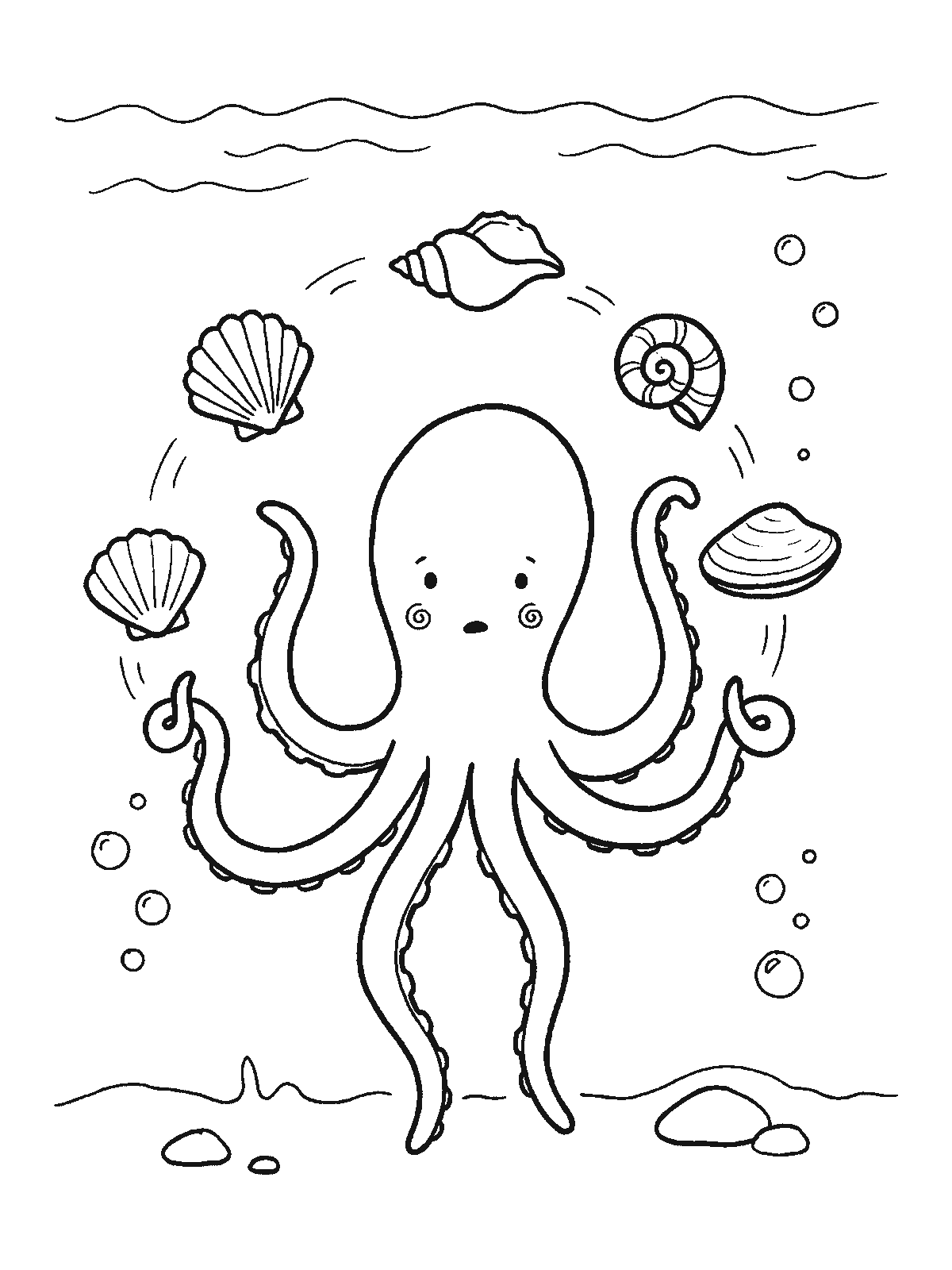 Coloring page: an octopus juggling five seashells with its arms, a few bubbles around it
