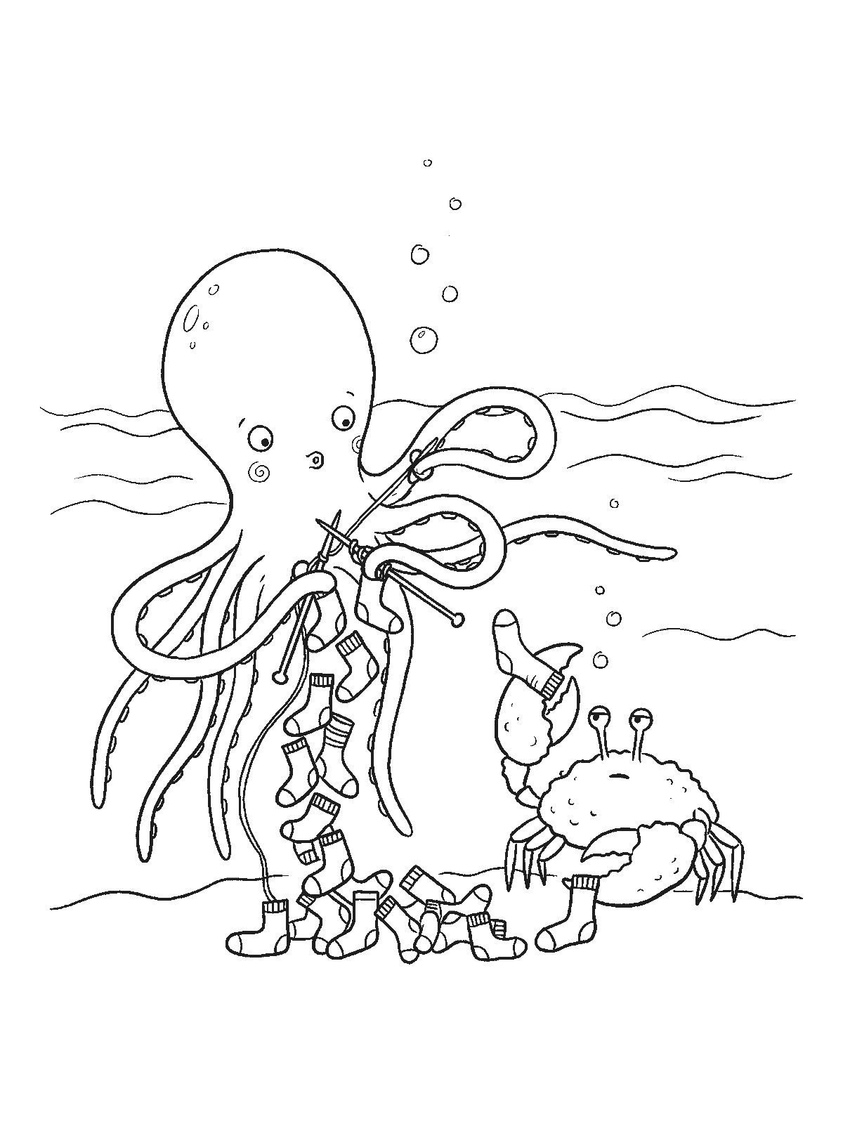 Coloring page: an octopus knitting a long row of tiny socks with several arms at once while a crab tries one sock on its claw