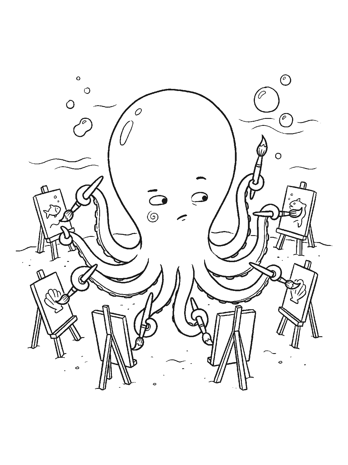 Coloring page: an octopus holding a different paintbrush in each arm, painting several small pictures on little easels at once