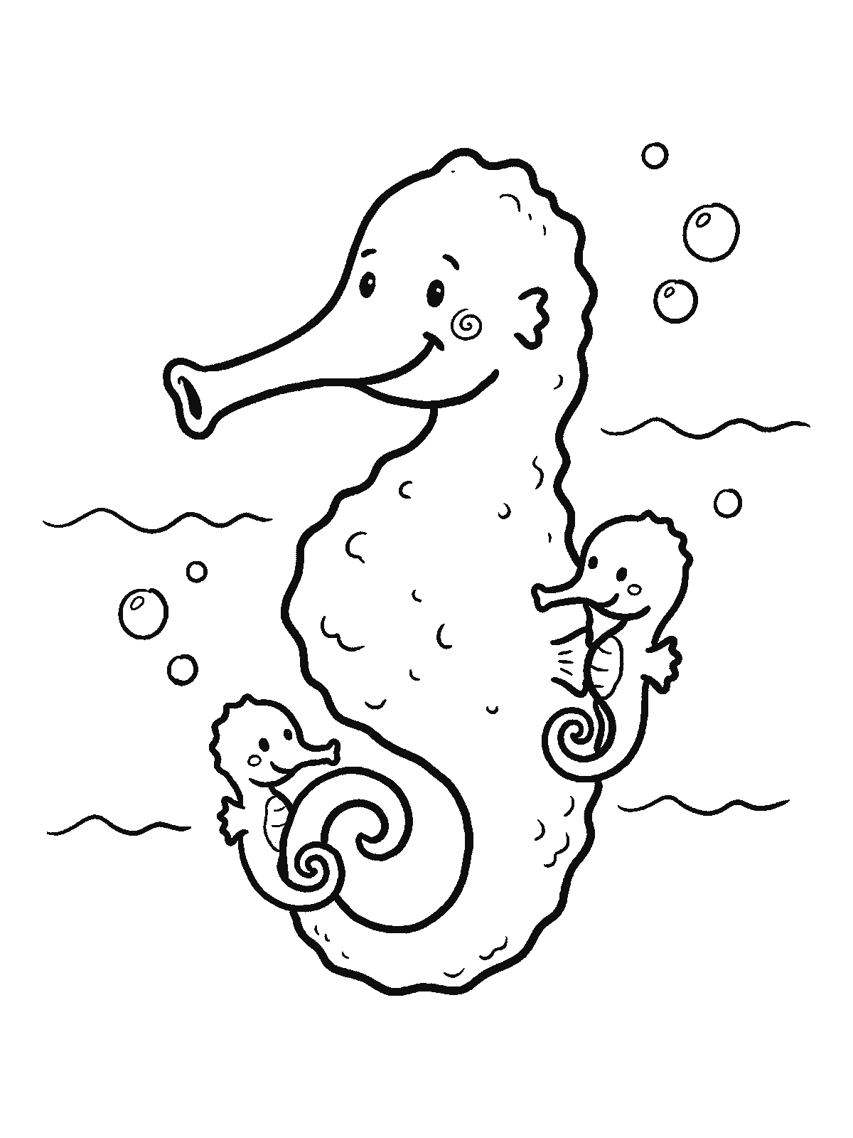 Coloring page: a big seahorse with two tiny seahorses holding on to its tail with their curled tails, all smiling