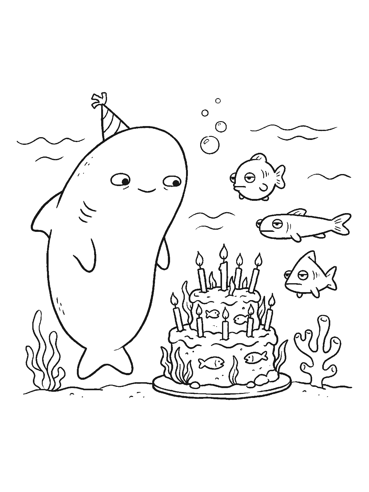 Coloring page: a shark wearing a party hat next to a birthday cake made of seaweed layers with candles, small fish swimming around as guests