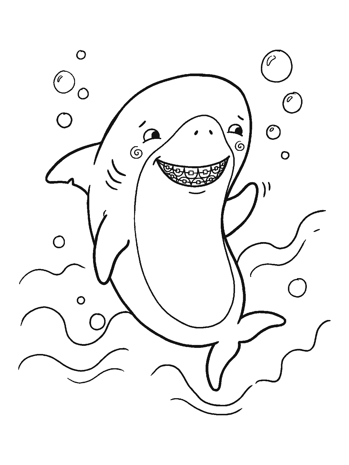 Coloring page: a friendly shark smiling shyly with braces on its teeth and one fin raised in a small wave