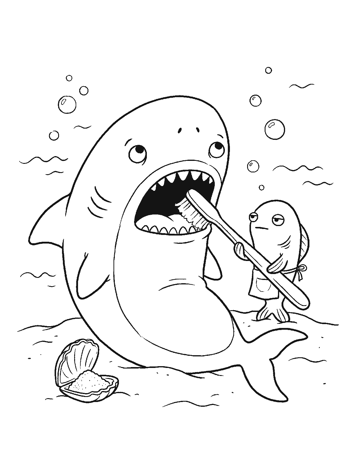 Coloring page: a friendly shark sitting with its mouth wide open while a small fish in an apron brushes its teeth with a big toothbrush