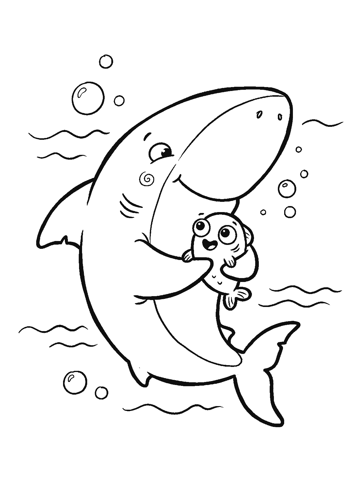 Coloring page: a big friendly shark gently hugging a tiny fish with both fins while the tiny fish smiles