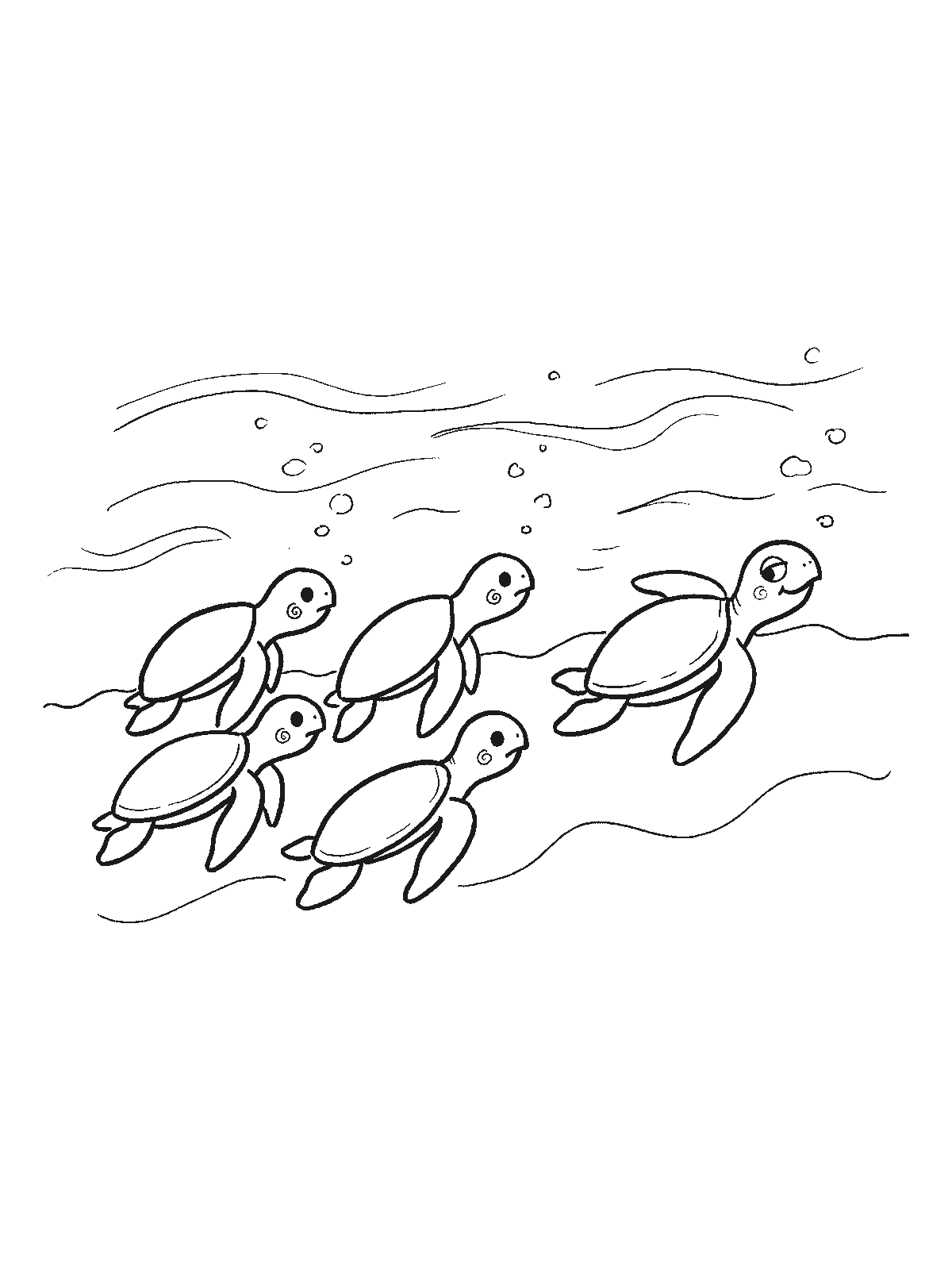 Coloring page: five tiny baby sea turtles racing across the sand toward the water, one of them ahead and looking back