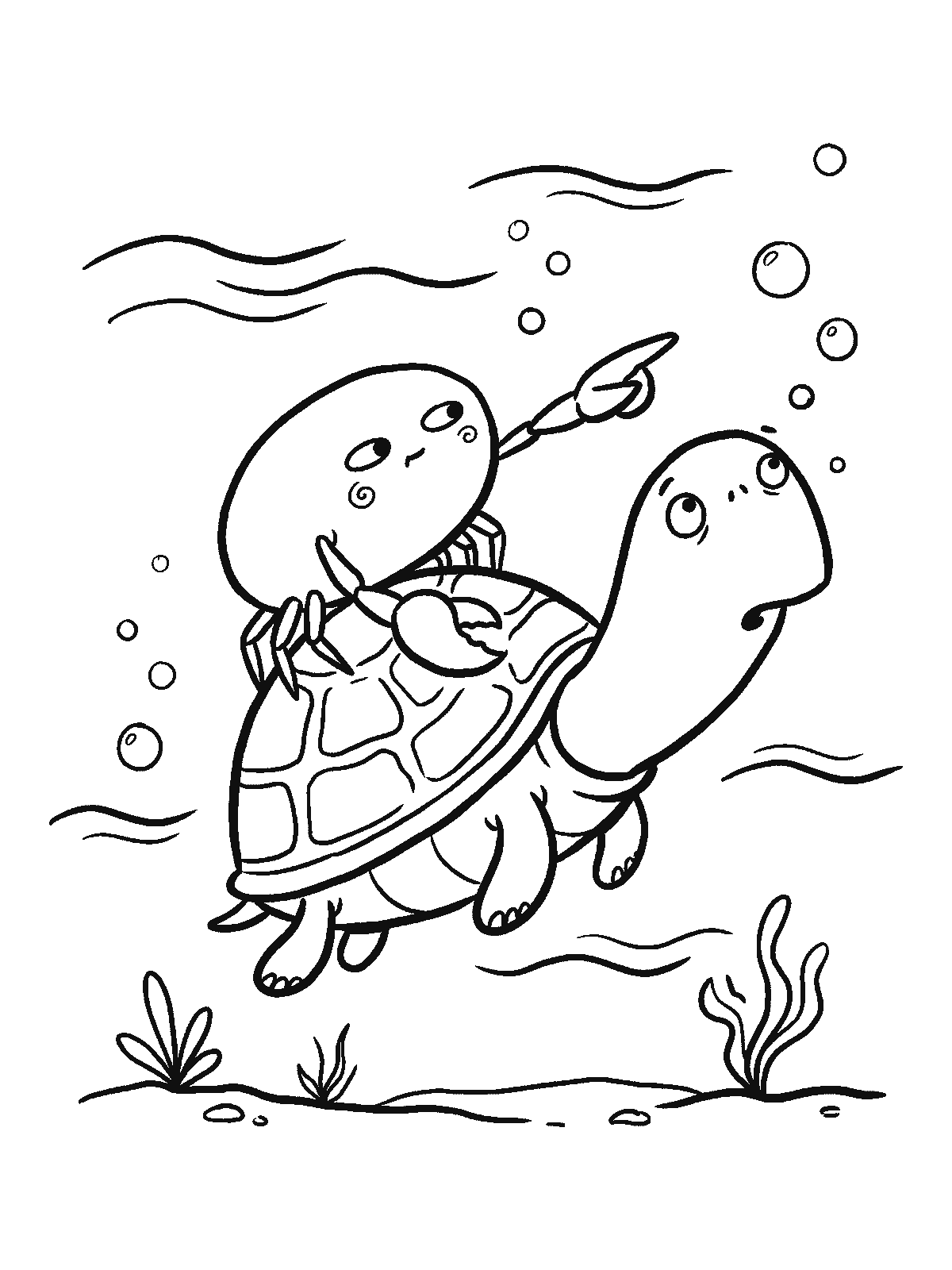 Coloring page: a small crab riding on the shell of a sea turtle, holding on with one claw and pointing forward with the other