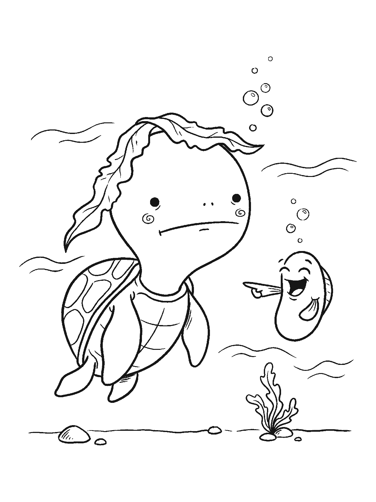Coloring page: a sea turtle swimming with a piece of seaweed draped over its head like a hat while a small fish points at it and laughs