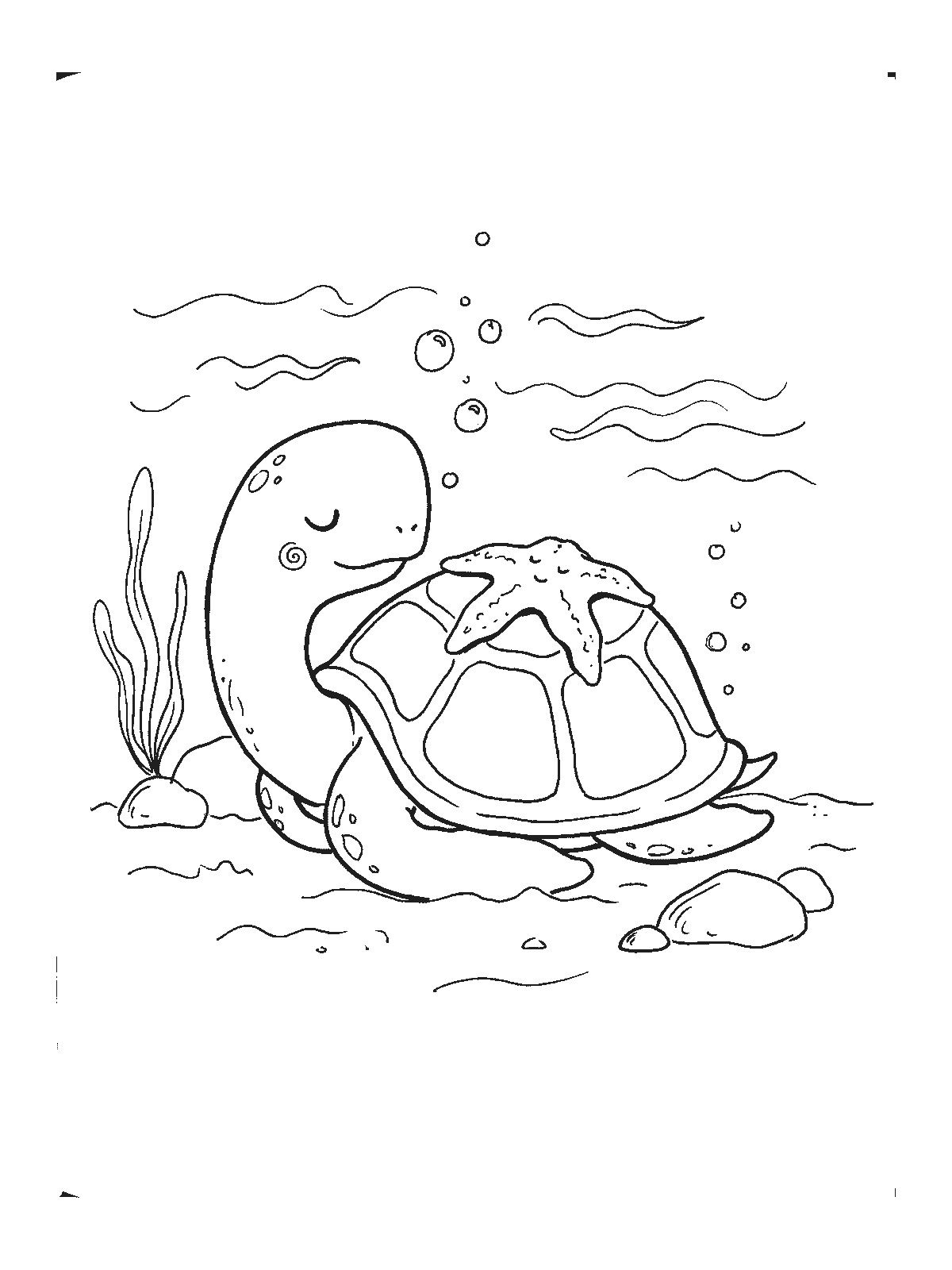 Coloring page: a sea turtle sleeping peacefully on the sea floor with a starfish resting on top of its shell