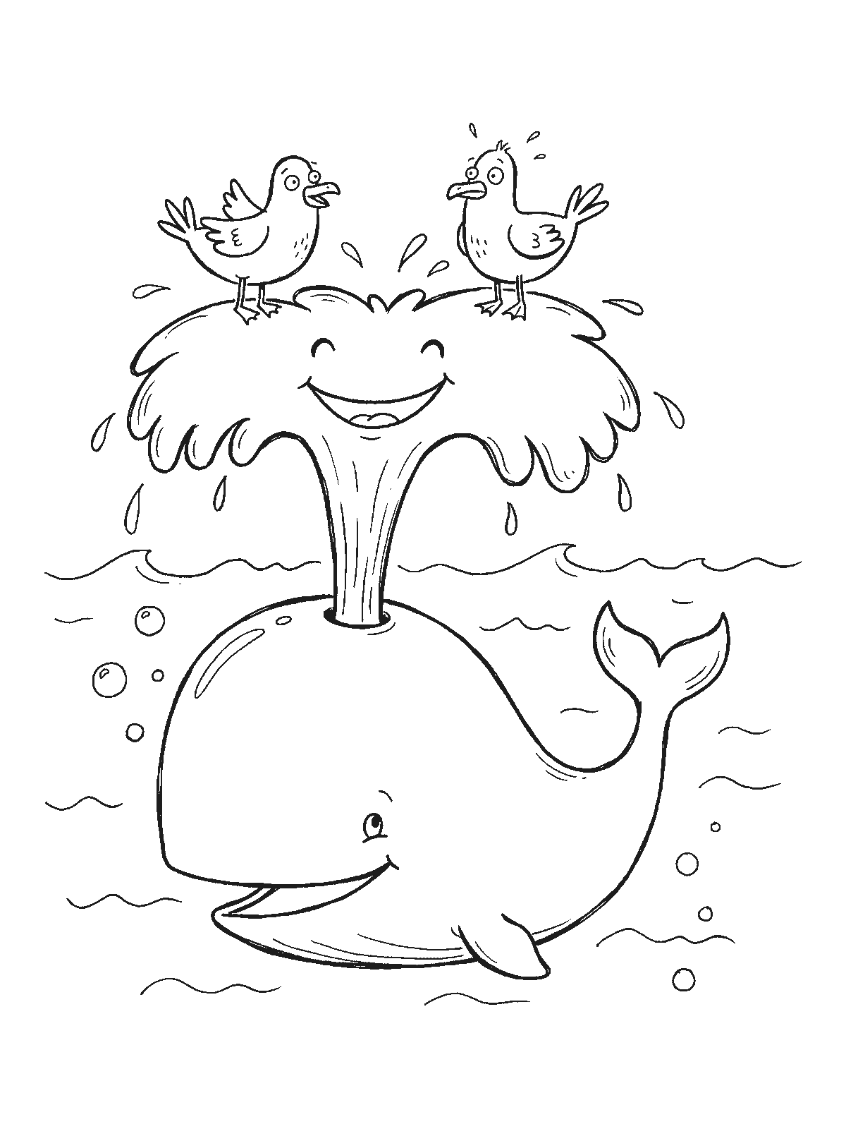 Coloring page: a big friendly whale spouting a fountain of water from its blowhole while two seagulls take a shower in the spray