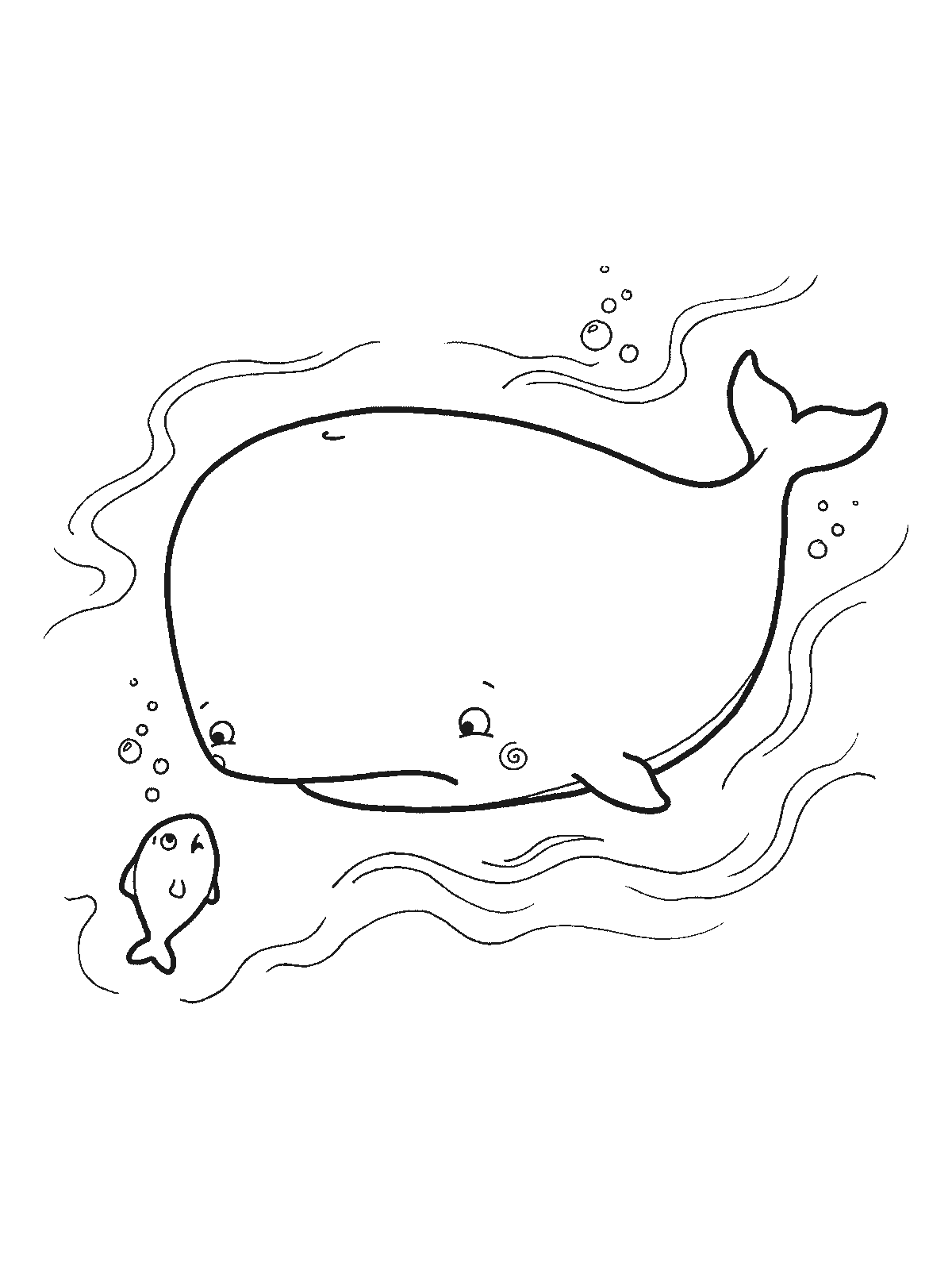 Coloring page: an enormous whale swimming next to one tiny fish, the two of them looking at each other