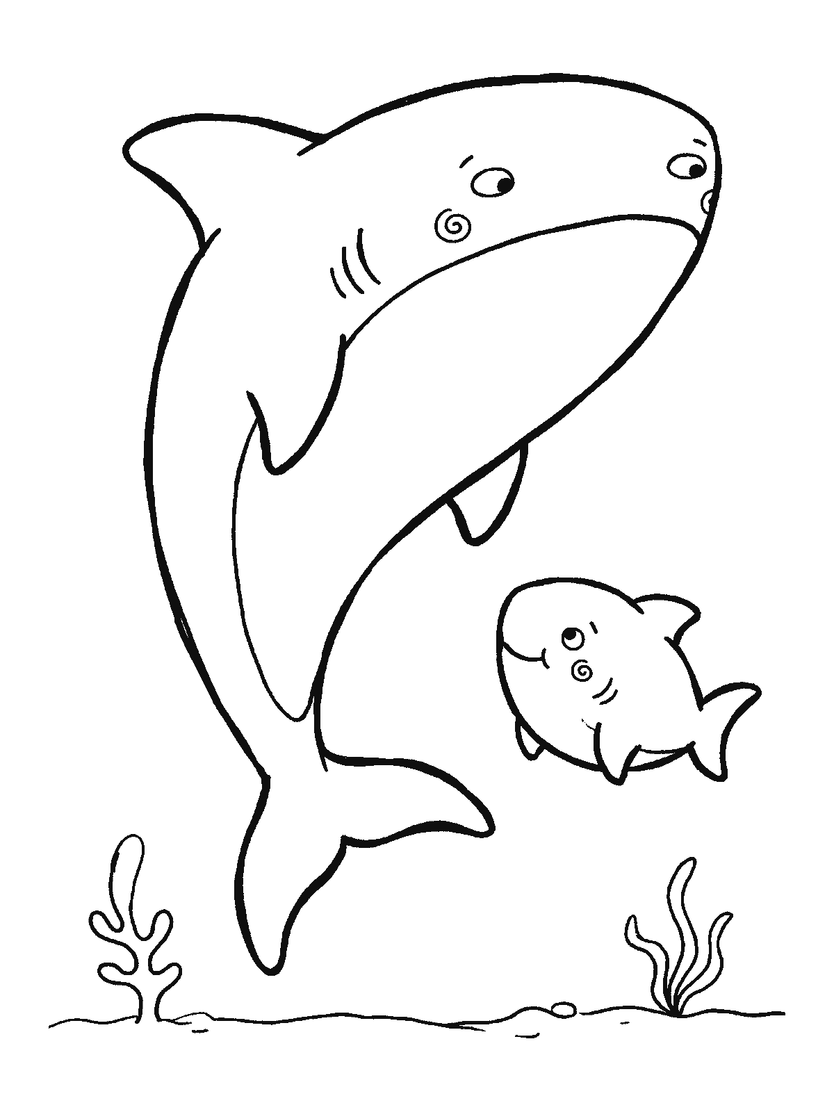Coloring page: one big friendly shark and one much smaller baby shark swimming side by side, both facing the same way
