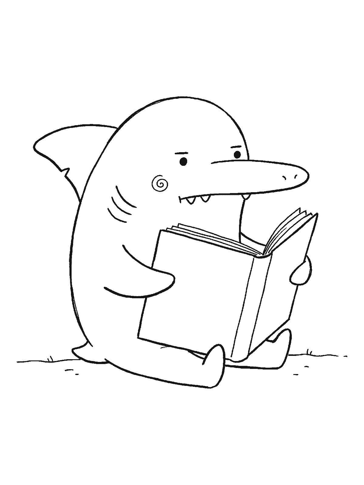 Coloring page: a friendly shark holding one big open book between both fins and reading it with great concentration