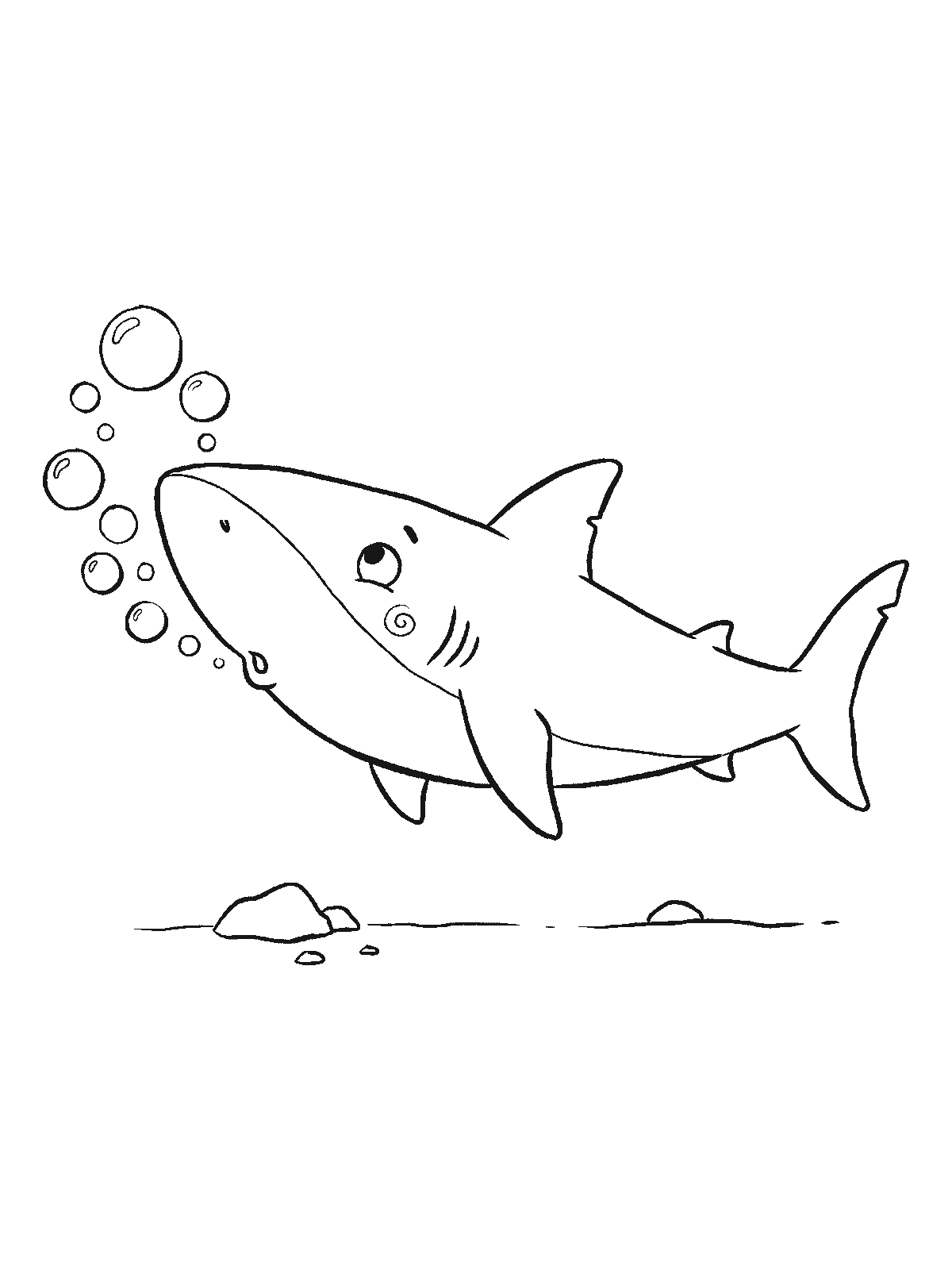 Coloring page: a friendly shark blowing one ring of round bubbles that floats up in front of its nose