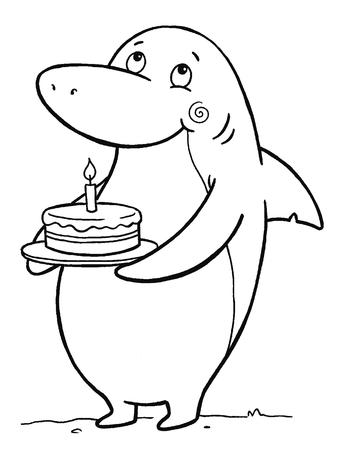 Ausmalbild: Ein freundlicher Hai hält zwischen beiden Flossen eine runde Torte auf einem flachen Teller, obenauf eine einfache Kerze
