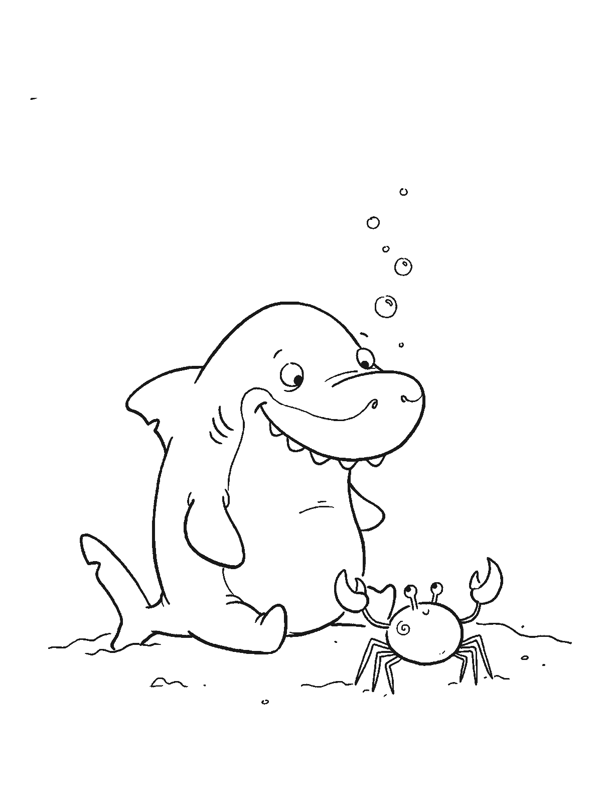 Coloring page: a friendly shark resting on the sea floor with one small round crab standing right in front of it, the two looking at each other
