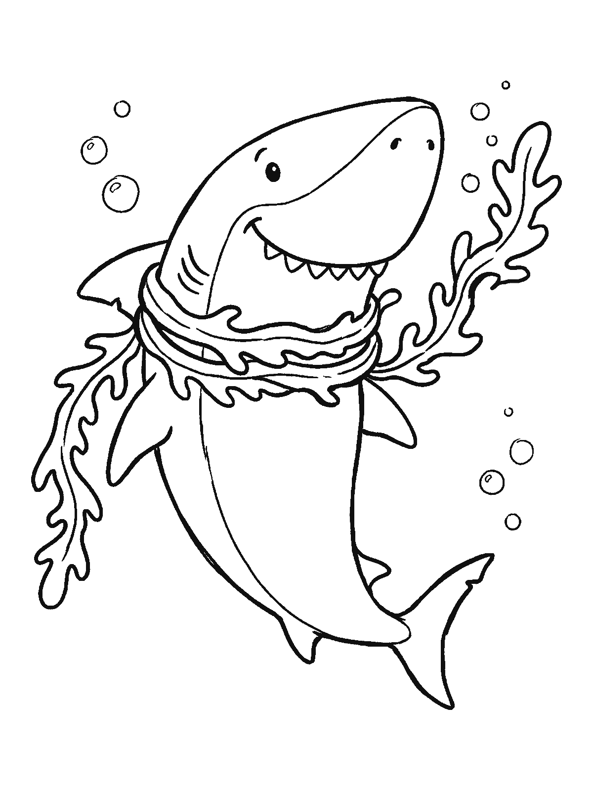 Coloring page: a friendly shark wearing a long strand of simple seaweed wound around its neck like a scarf