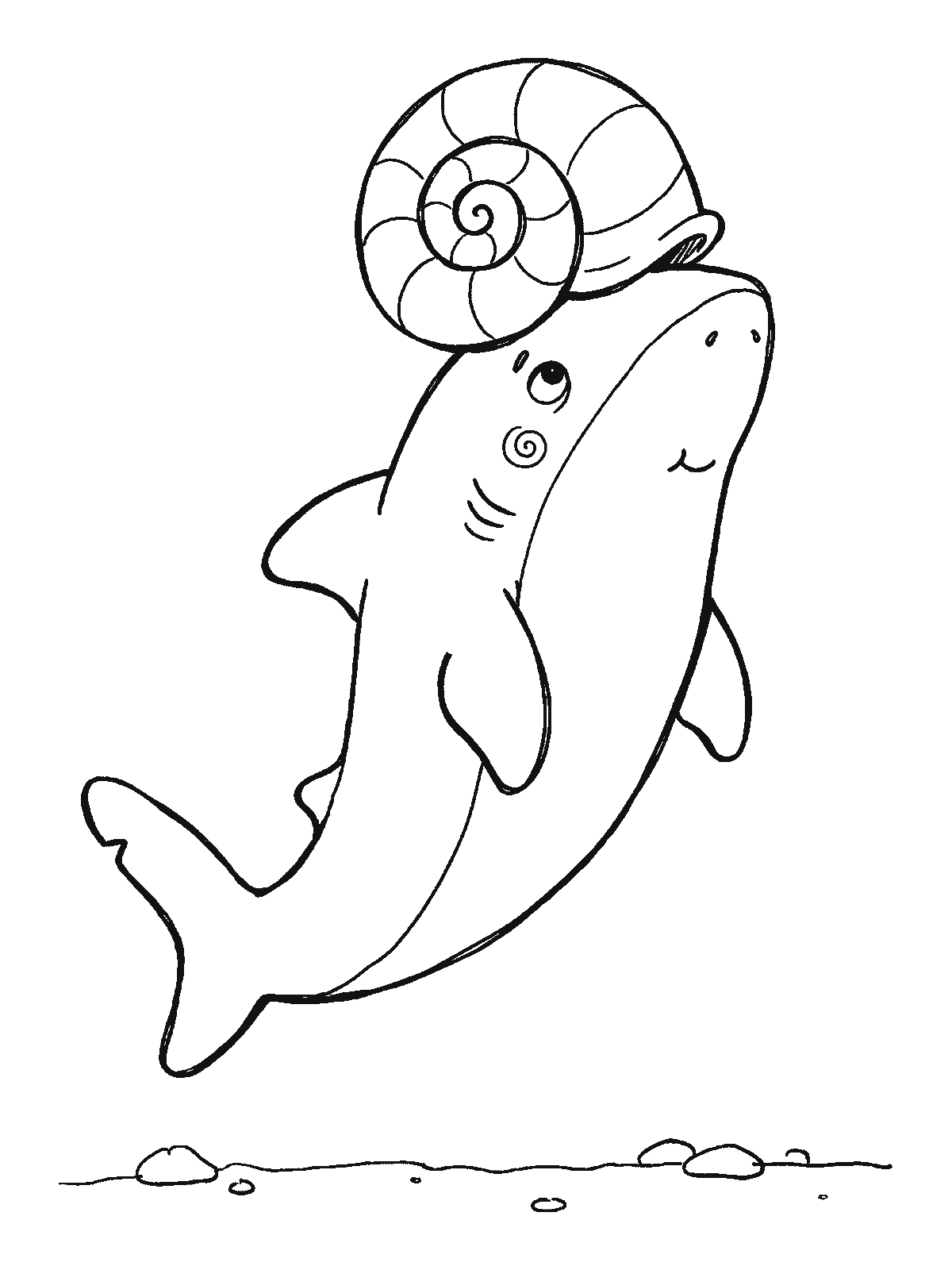 Coloring page: a friendly shark with one big round seashell resting flat on top of its head like a hat
