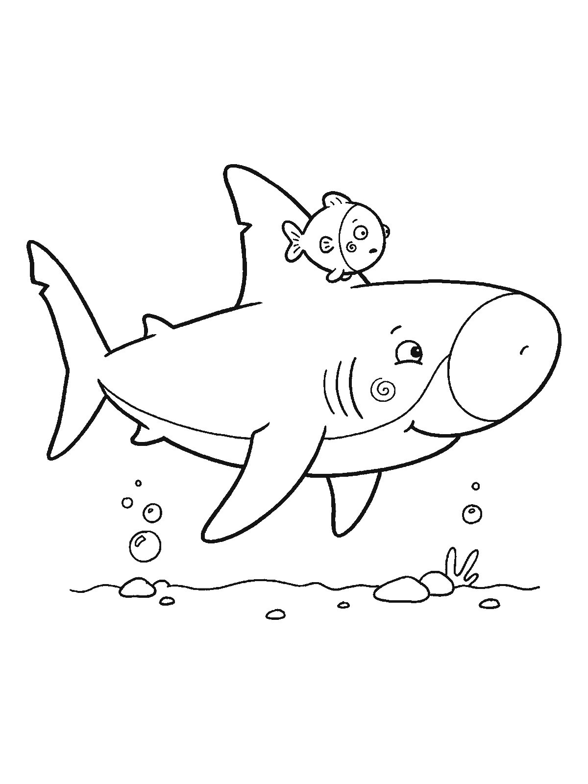Coloring page: a friendly shark swimming while one small round fish sits on top of its dorsal fin like a passenger