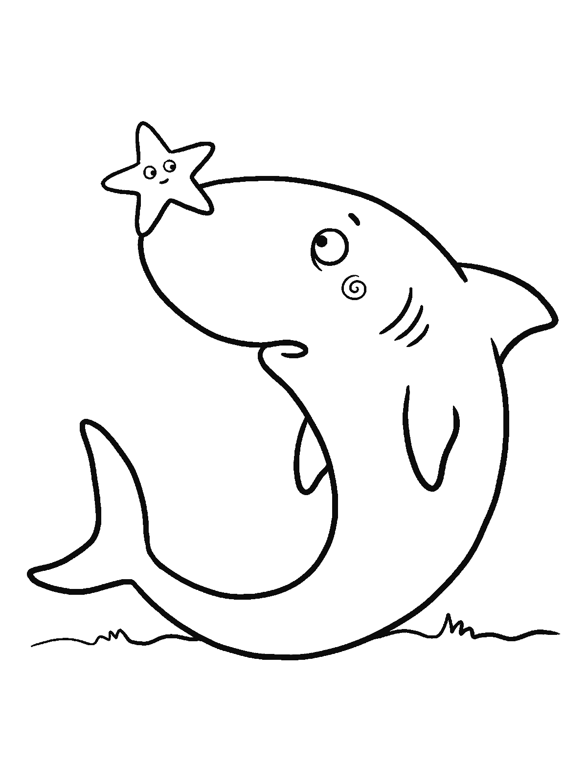 Coloring page: a friendly shark looking down cross-eyed at one simple starfish that has settled on the tip of its nose
