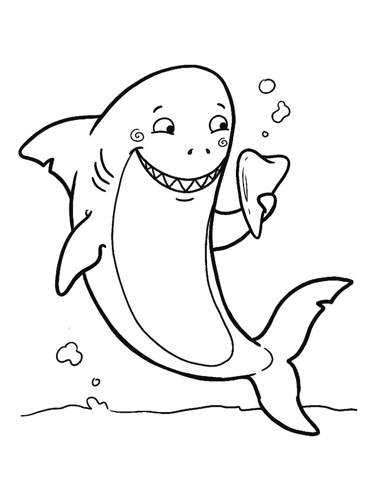 Coloring page: a friendly smiling shark holding one big white tooth in a fin and looking at it with interest
