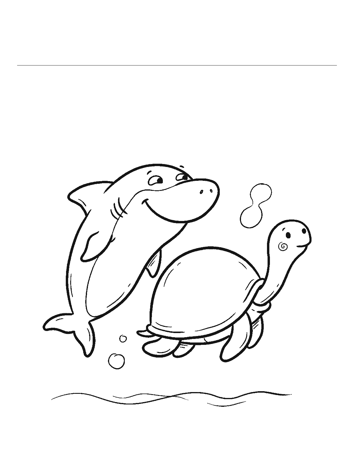 Ausmalbild: Ein freundlicher Hai und eine runde Schildkröte schwimmen nebeneinander in dieselbe Richtung, beide ohne Eile