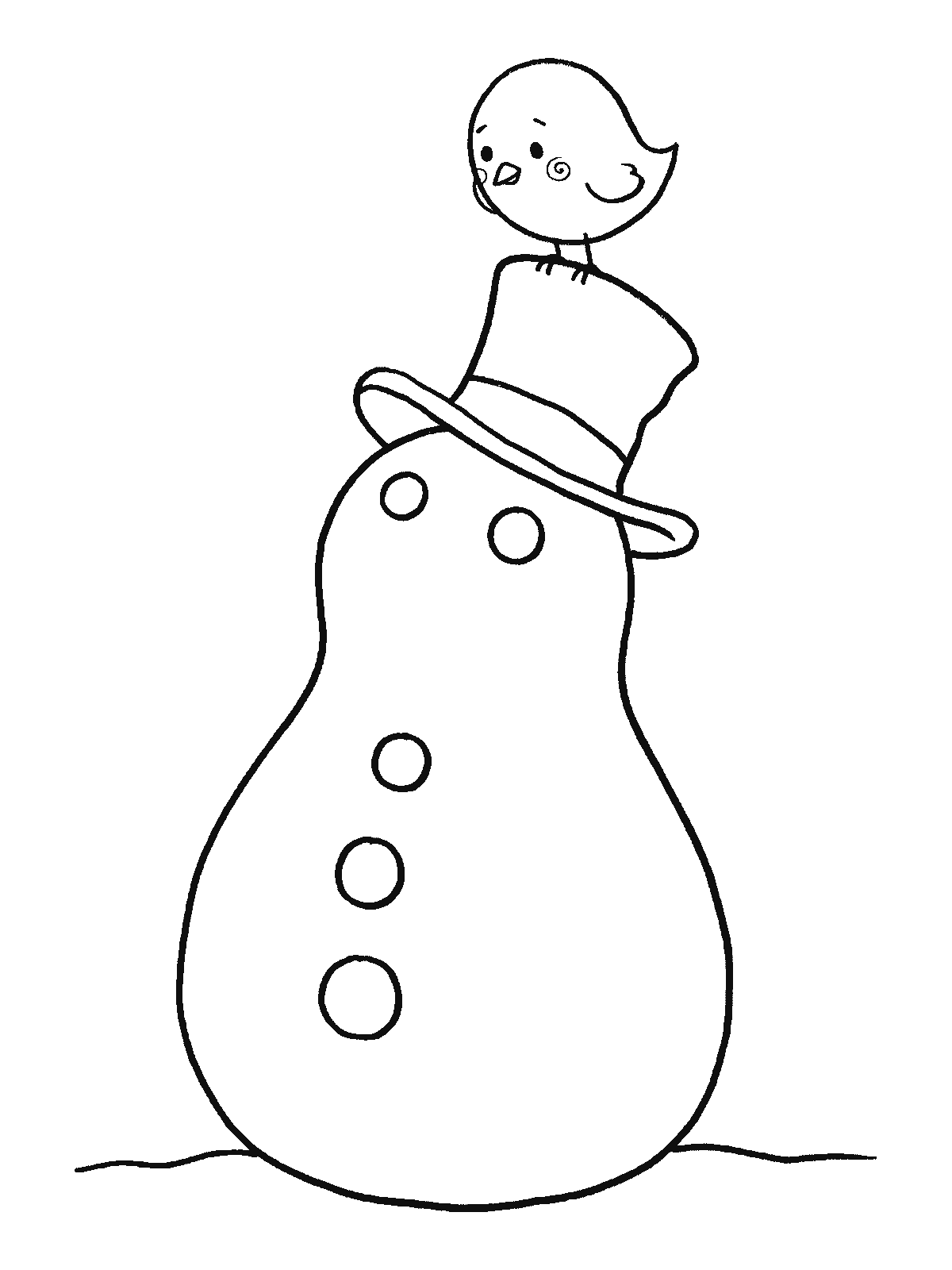 Ausmalbild: Ein runder Schneemann steht still, und ganz oben auf seinem Hut sitzt ein kleiner runder Vogel