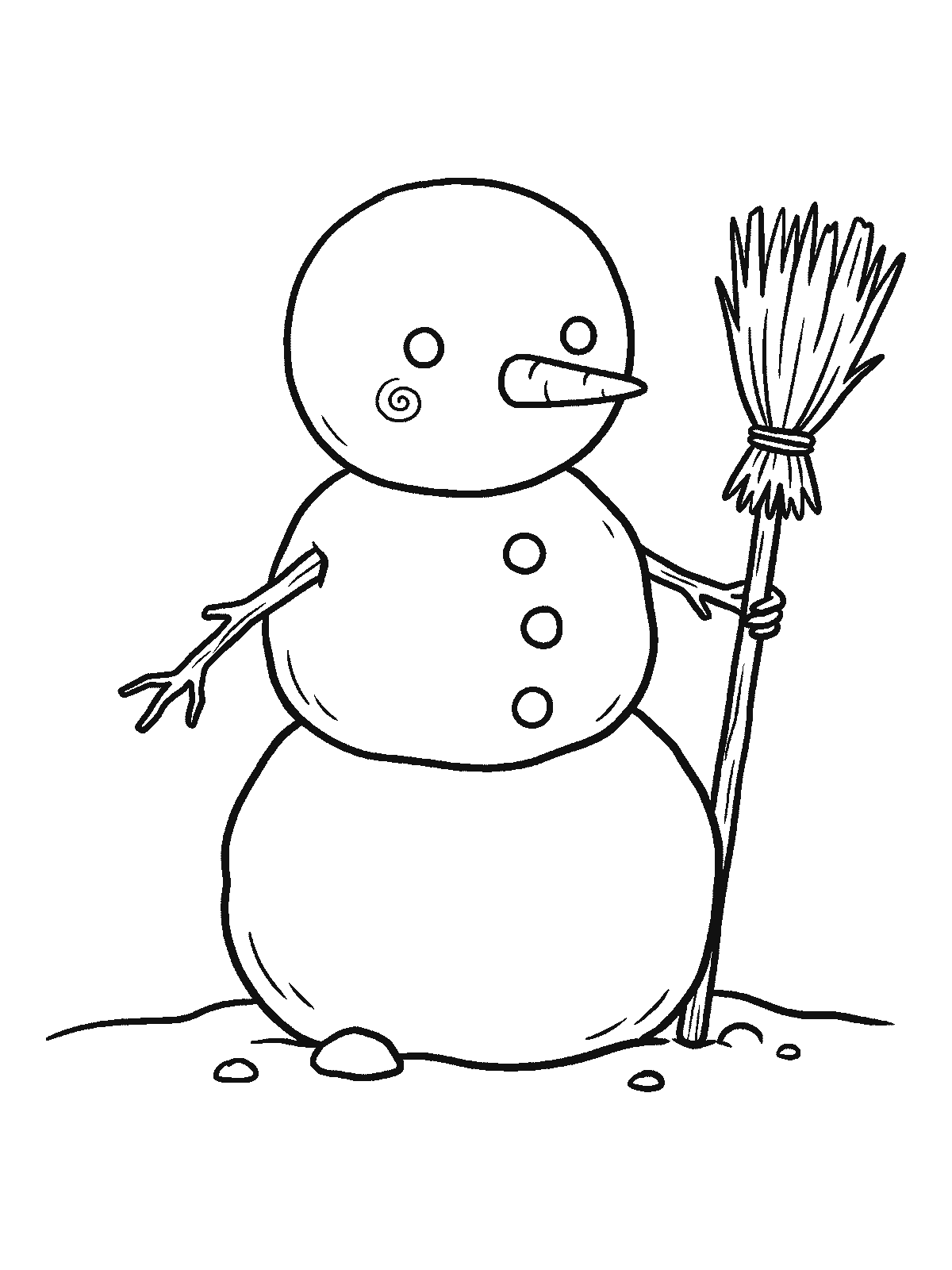 Ausmalbild: Ein runder Schneemann steht da, an seiner Seite lehnt ein einfacher Strohbesen, den er mit dem Astarm hält