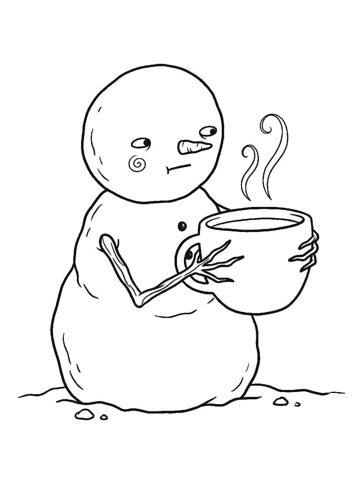 Ausmalbild: Ein runder Schneemann hält mit beiden Astarmen eine große runde Tasse, darüber steigen zwei einfache Dampfkringel auf