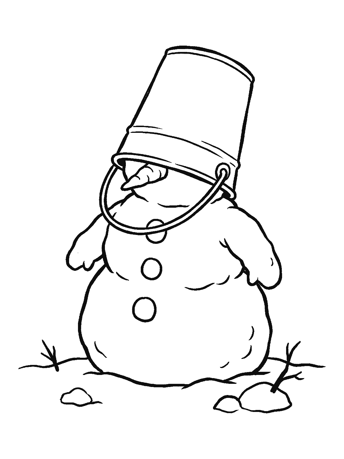 Ausmalbild: Ein runder Schneemann mit einem breiten Hut, der ihm über die Augen gerutscht ist, nur die Möhrennase schaut heraus