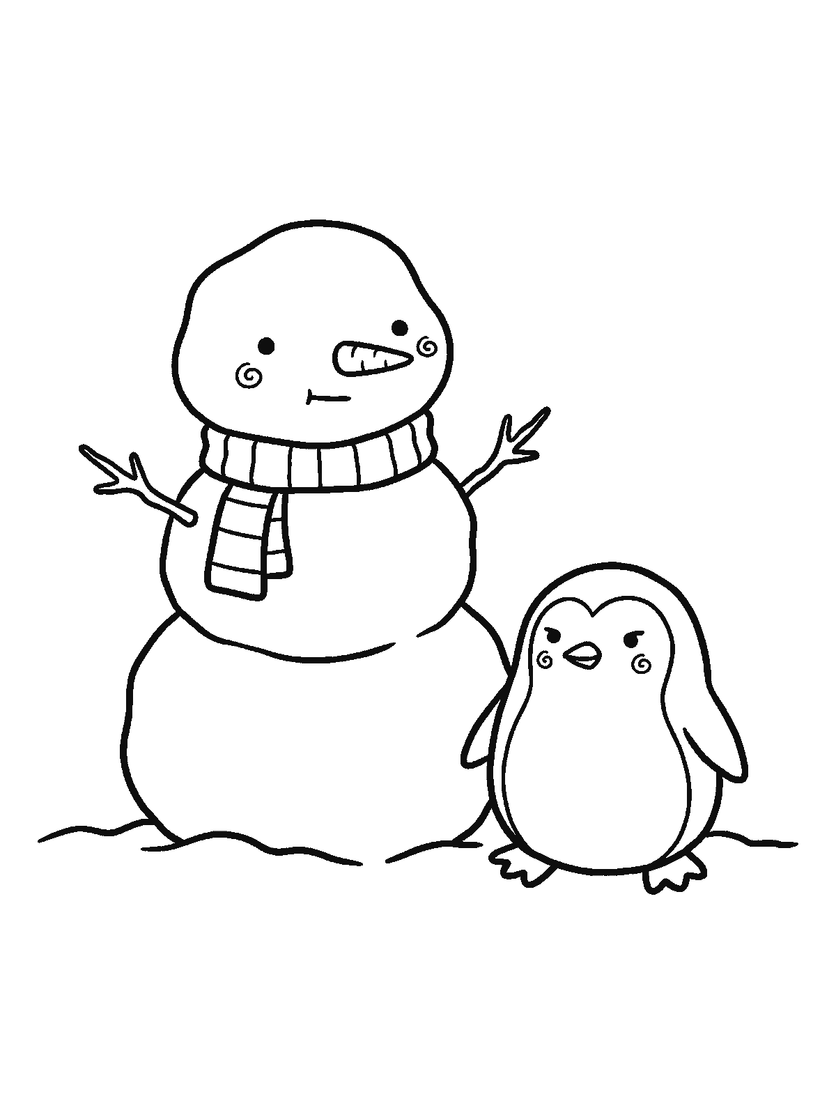 Ausmalbild: Ein runder Schneemann mit gestreiftem Schal steht da, direkt neben ihm sitzt ein kleiner runder Pinguin, beide schauen nach vorn