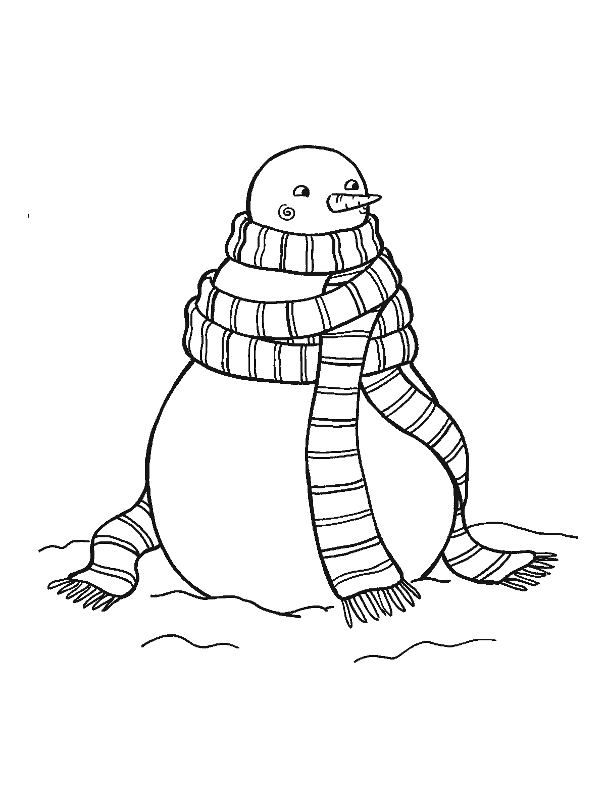 Ausmalbild: Ein runder Schneemann trägt einen sehr langen gestreiften Schal, mehrmals um ihn gewickelt, beide Enden liegen im Schnee