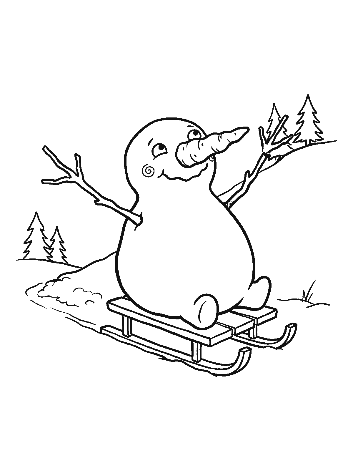 Ausmalbild: Ein runder Schneemann sitzt unten an einem flachen Hang auf einem kleinen einfachen Schlitten und schaut zufrieden