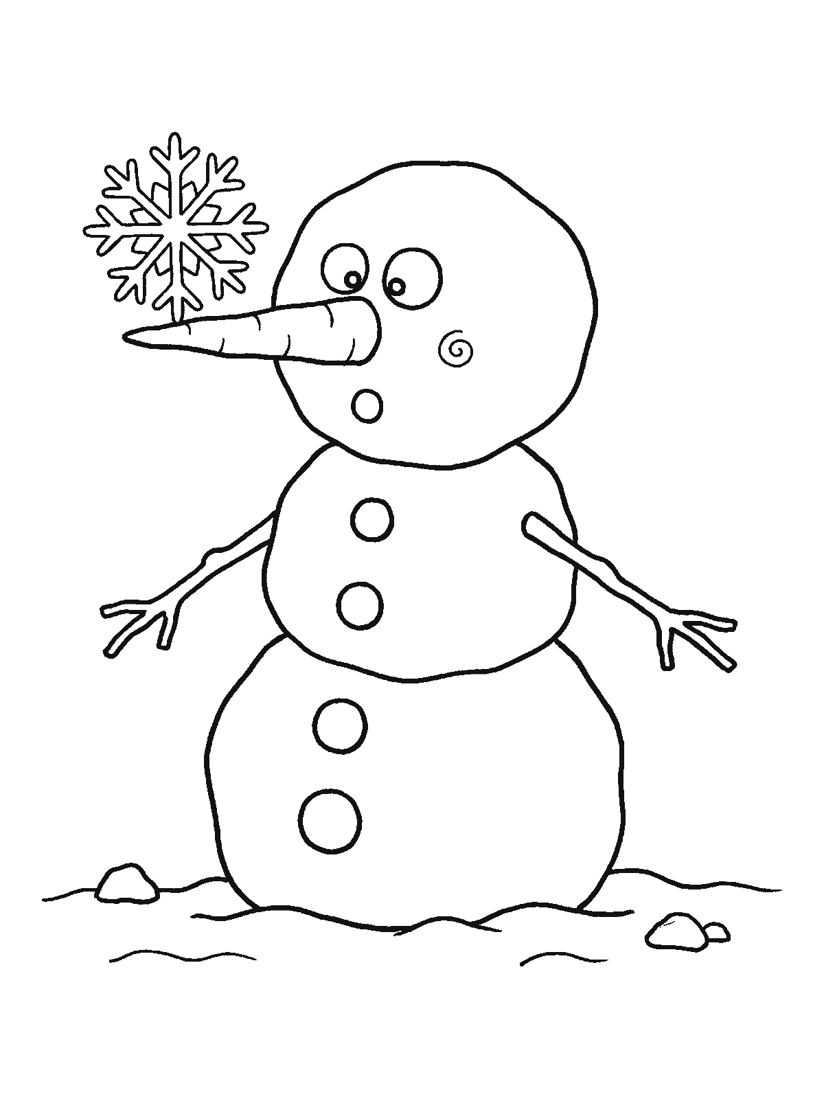 Ausmalbild: Ein runder Schneemann schielt nach unten auf eine große einfache Schneeflocke, die auf der Spitze seiner Möhrennase gelandet ist