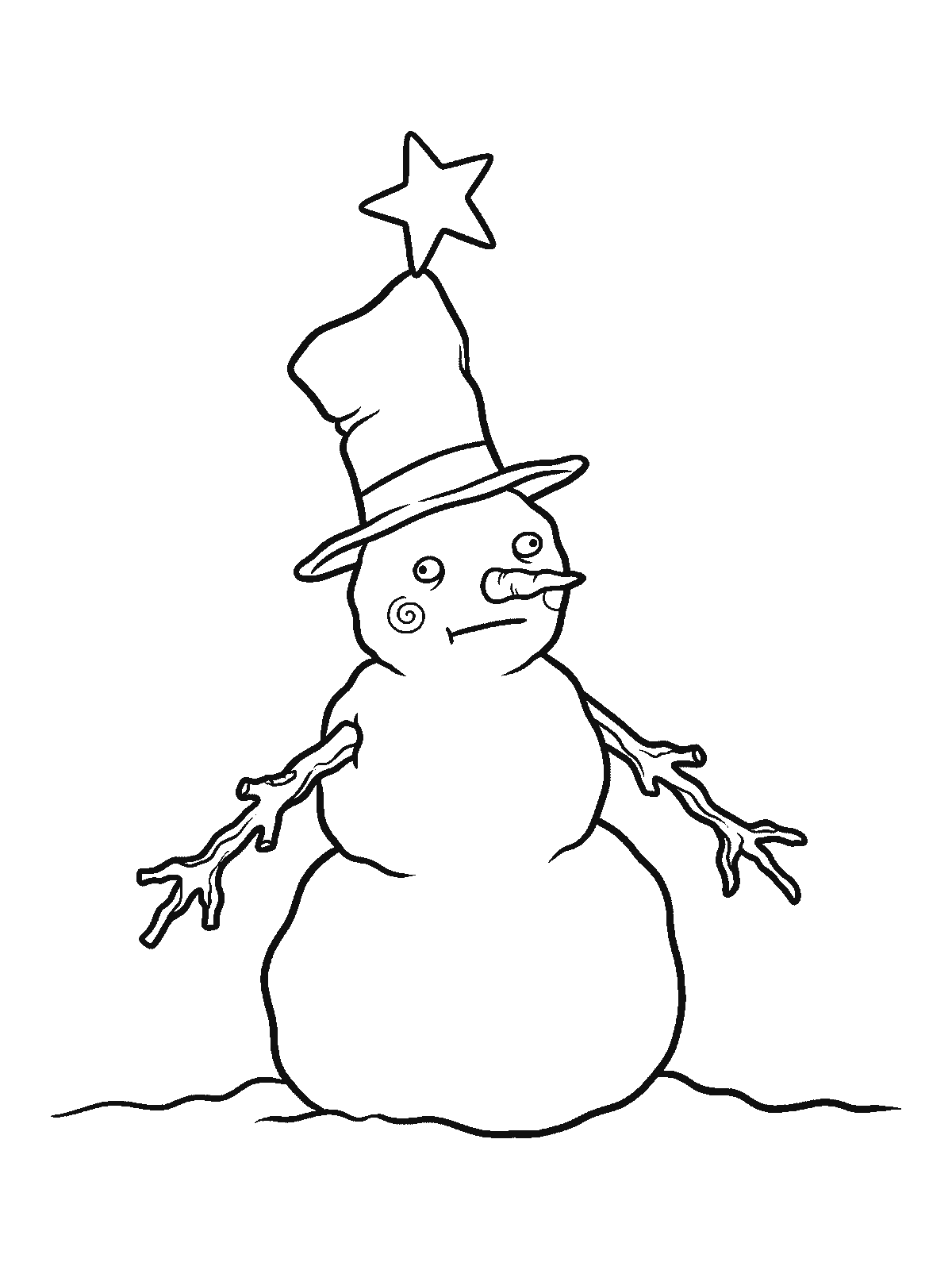 Ausmalbild: Ein runder Schneemann trägt einen hohen Hut, auf dessen Spitze ein großer einfacher Stern balanciert