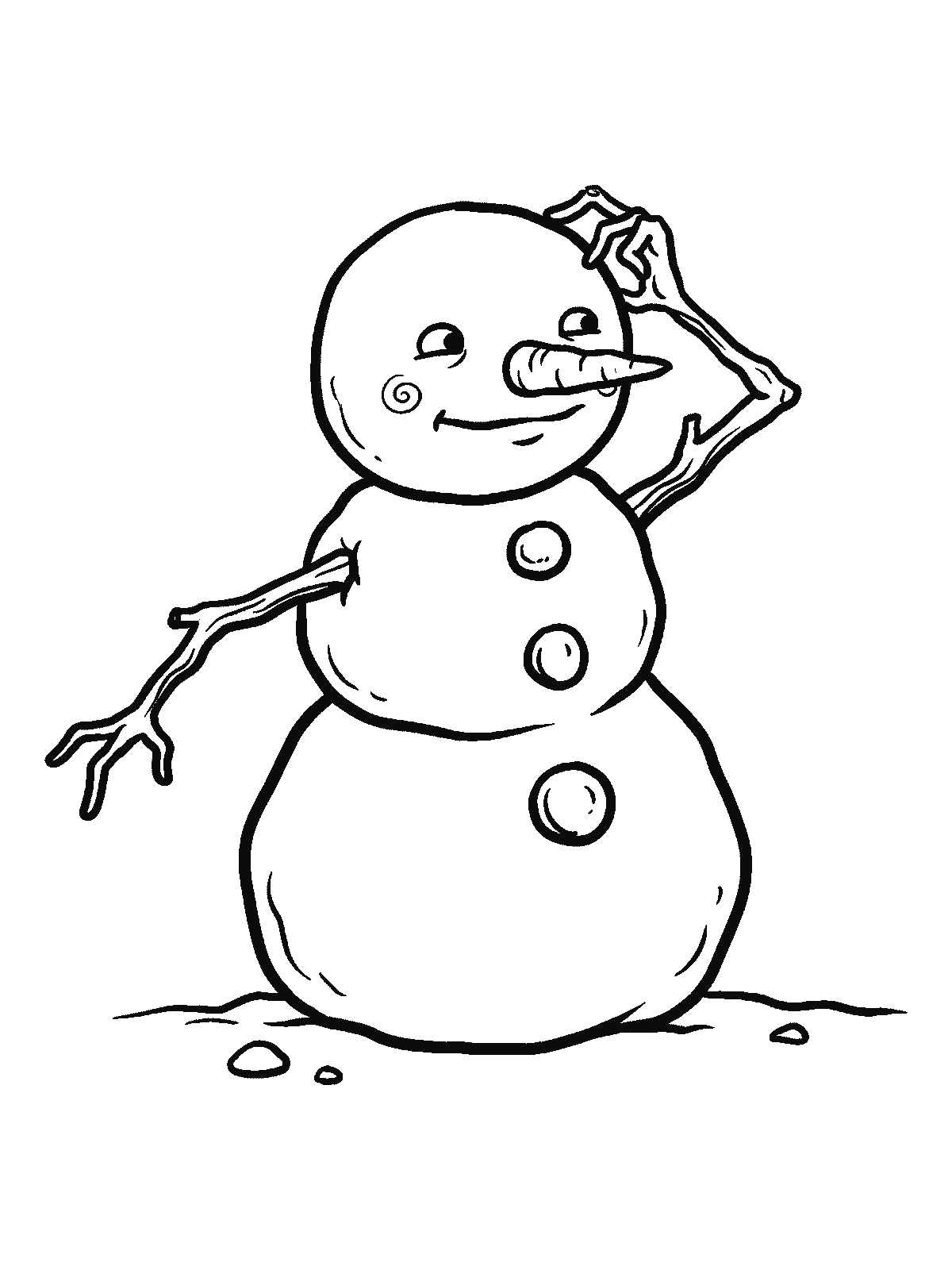 Ausmalbild: Ein einfacher runder Schneemann steht gerade, vorn drei sehr große runde Knöpfe, die Arme sind zwei Äste