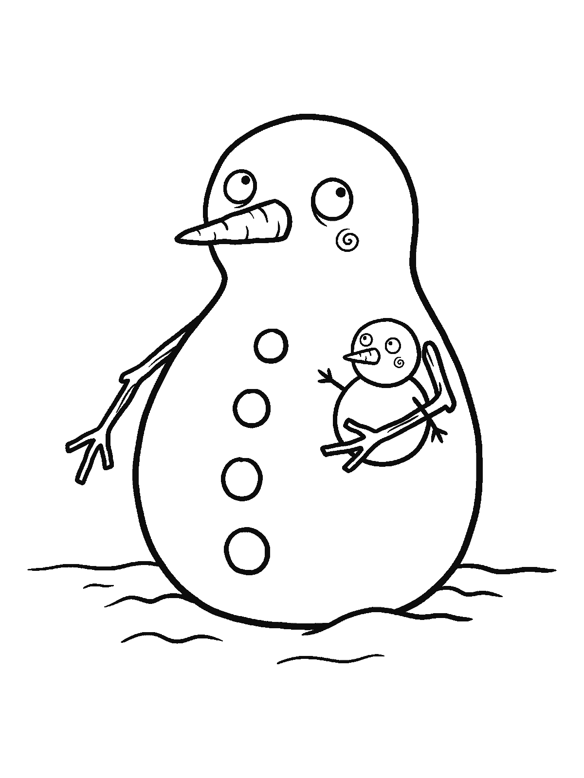 Ausmalbild: Ein großer runder Schneemann hält in der Beuge seines Astarms einen ganz kleinen Schneemann, beide schauen nach vorn