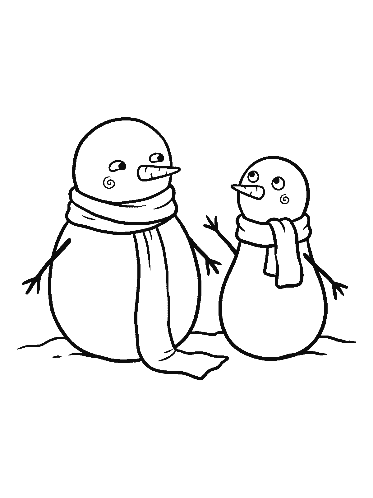 Ausmalbild: Zwei runde Schneemänner unterschiedlicher Größe stehen nebeneinander, jeder trägt einen Schal, beide schauen nach vorn
