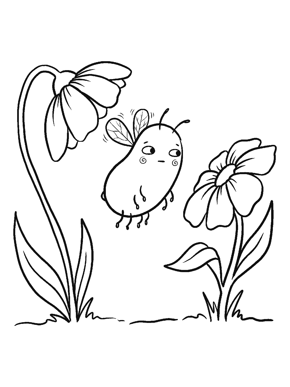 Ausmalbild: Eine runde Biene mit einfachen Flügeln schwebt genau zwischen zwei großen offenen Blumen und dreht sich mal zu der einen, mal zu der anderen