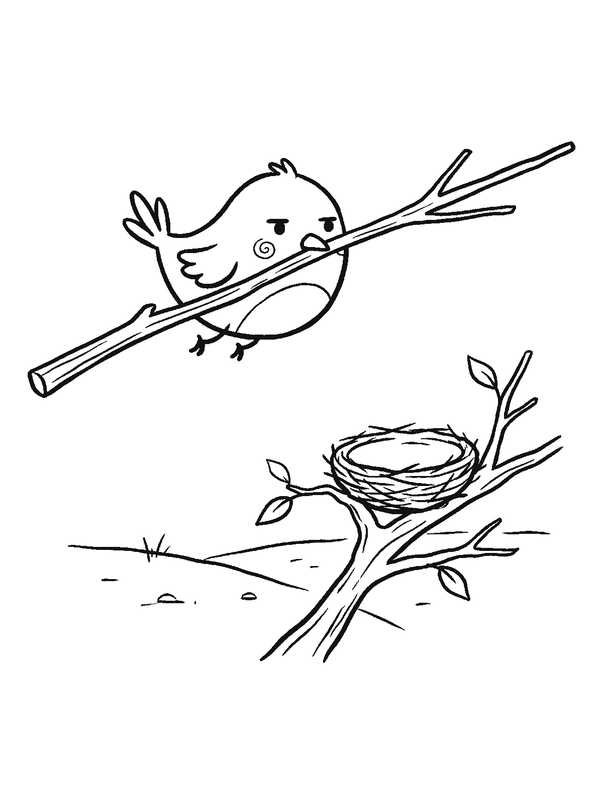 Ausmalbild: Ein kleiner runder Vogel fliegt mit einem sehr langen geraden Zweig quer im Schnabel, darunter wartet ein kleines Nest auf einem Ast