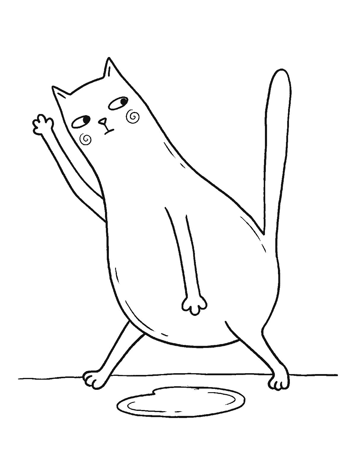 Ausmalbild: Eine Katze hebt eine Pfote sehr hoch und geht in weitem Bogen um eine kleine runde Pfütze herum, der ganze Körper lehnt sich davon weg