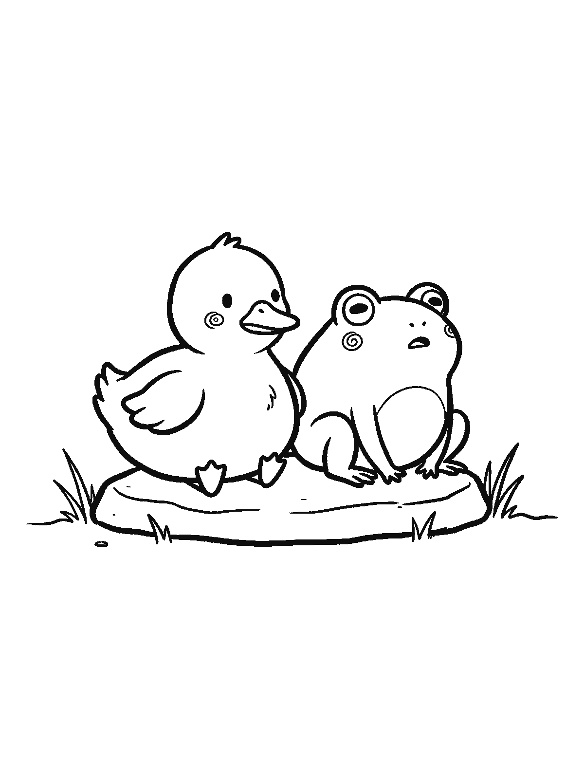 Ausmalbild: Ein rundes Entenküken und ein glatter runder Frosch sitzen nebeneinander auf einem flachen Stein, der gerade für beide reicht, jeder schaut in eine andere Richtung