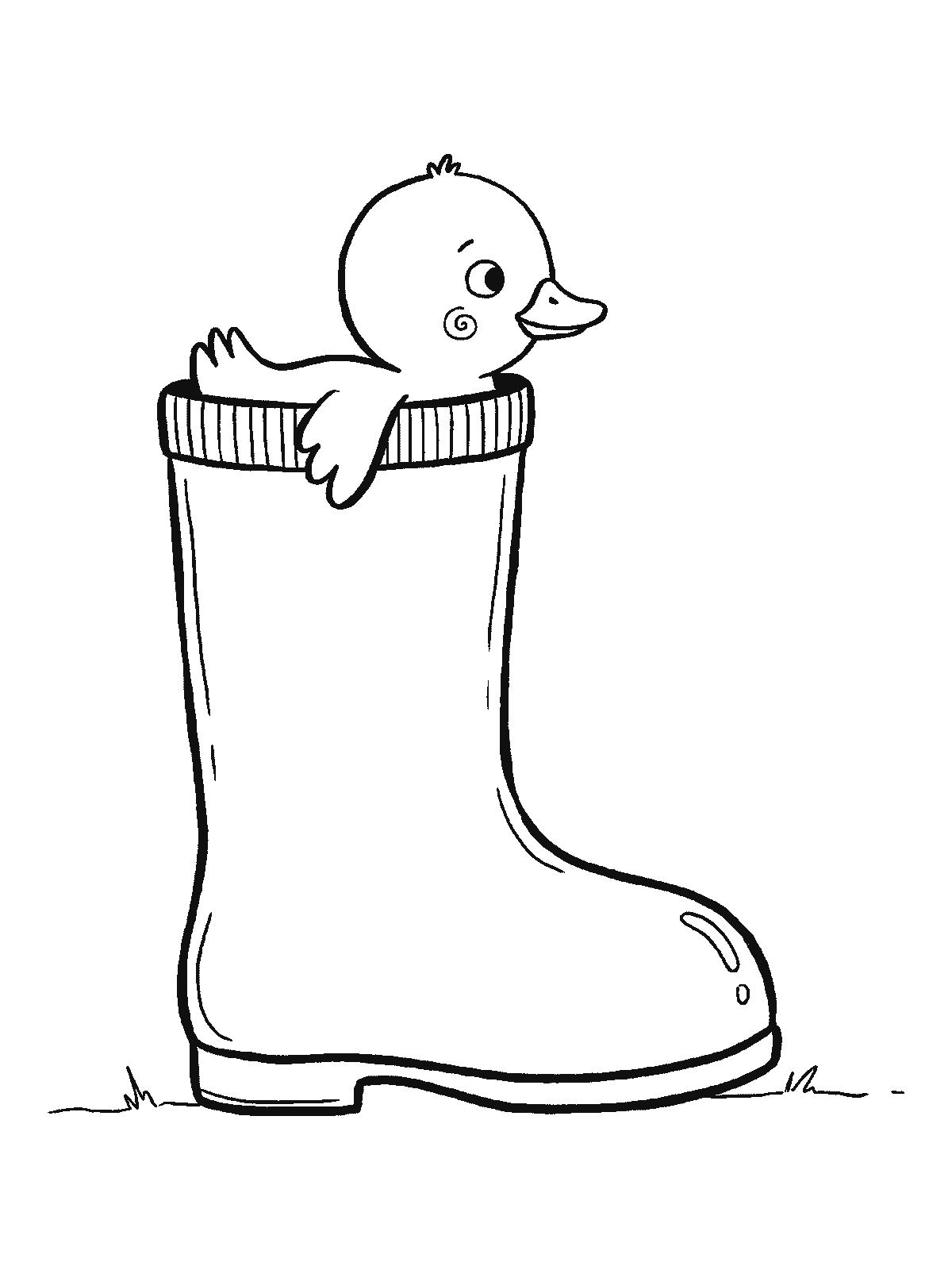 Ausmalbild: Ein rundes Entenküken sitzt in einem einzelnen hohen Gummistiefel, der viel größer ist als es selbst, oben schauen nur Kopf und ein Flügel heraus