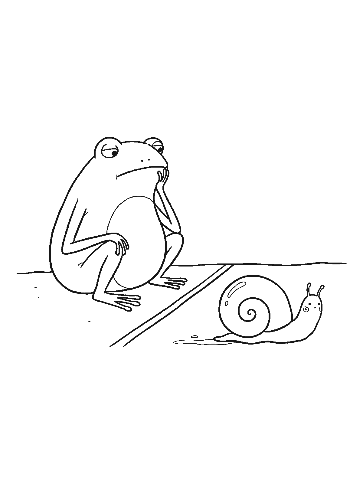 Ausmalbild: Ein runder Frosch sitzt neben einer einfachen Ziellinie auf dem Boden, das Kinn auf einer Hand, während eine Schnecke noch ein Stück zurück ist
